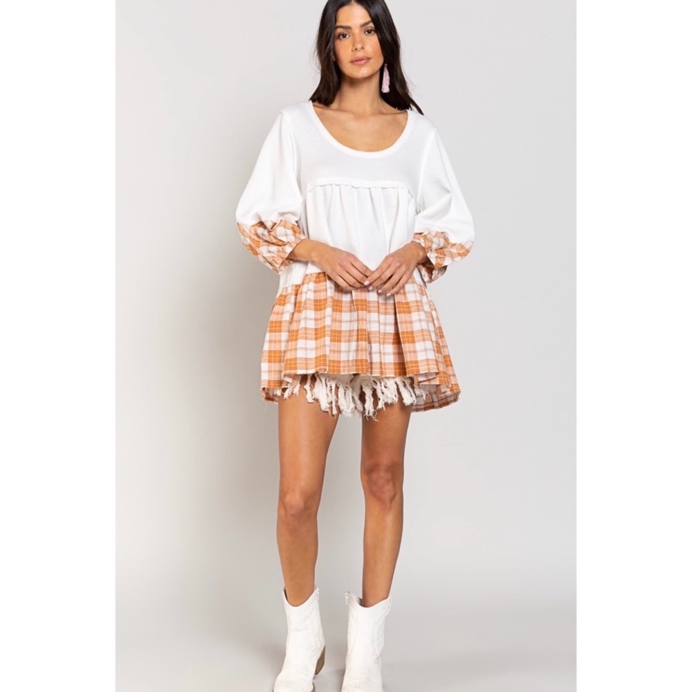 POL White & Rust Scoop Neck 3/4 Sleeve Plaid & Rib Knit Flowy Tunic Top - Picture 4 of 5